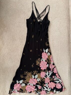 Free People SM Black Floral Slip Dress with Pink Flower Accents